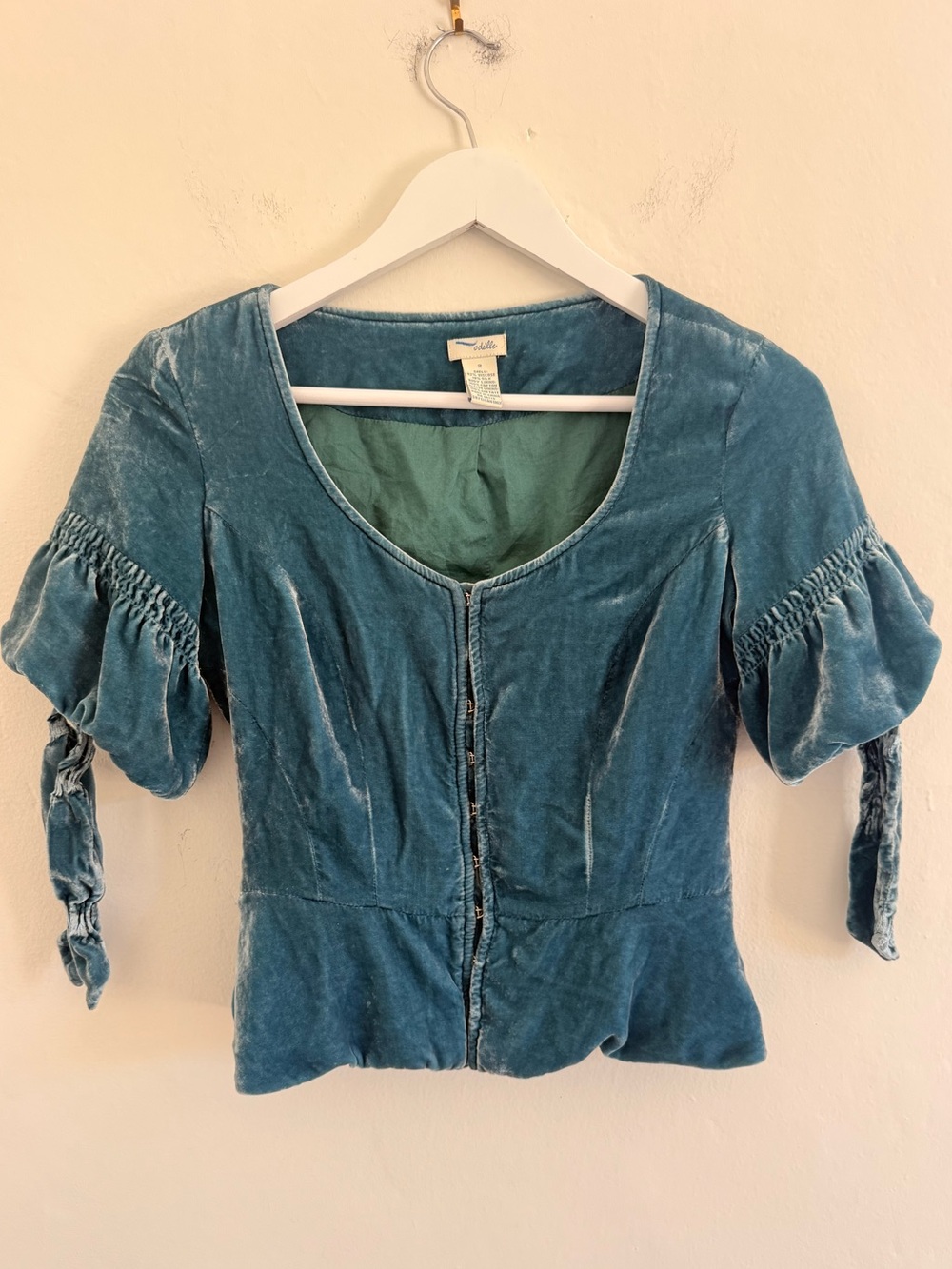 Odille Teal Velvet Tie-Sleeve Scoop Neck Blouse